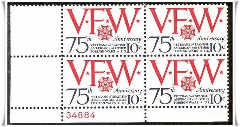 SC#1525 10¢ VFW Anniversary Plate Block: LL #34884 (1974) MNH