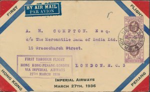 1936 Hong Kong First Flight Cover FFC to England via Malaya Imperial Airways