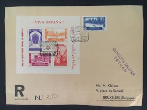 1937 Tetuan Spanish Morocco Airmail Cover to Belgium Souvenir Sheet # 173a