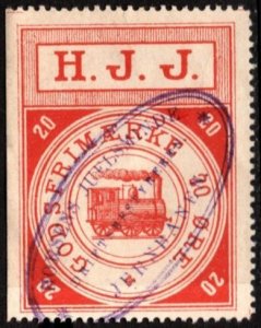 Vintage Denmark Revenue Stamp 20 Ore H.J.J. Horsens Juelsminde Jernbane Used