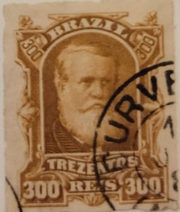 SB) 1878 CIRCA, BRAZIL,  EMPEROR DOM PEDRO SCT 75 300 reis bister, USED, XF