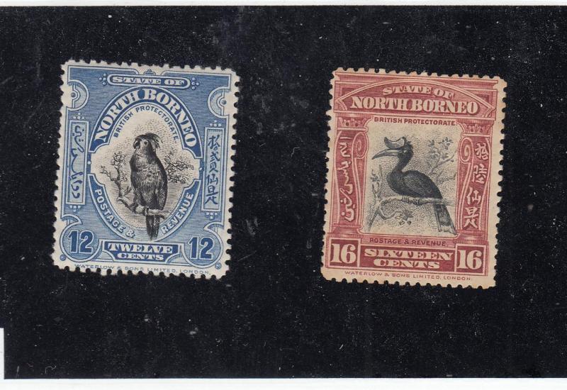 NORTH BORNEO # 175-176 VF-MH 12,16c PALM COCKATOO/RHINO HORNBILL CAT VALUE $62