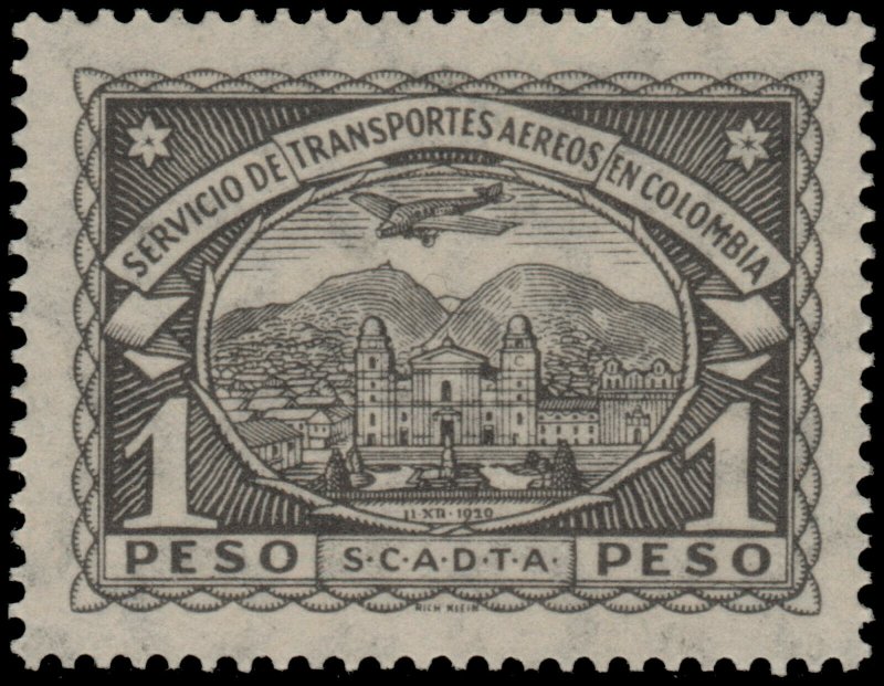 ✔️ COLOMBIA SCADTA 1923 - AIRPLANE OVER CITY - 1 PESO - SC. C47 ** MNH [SCDT36]