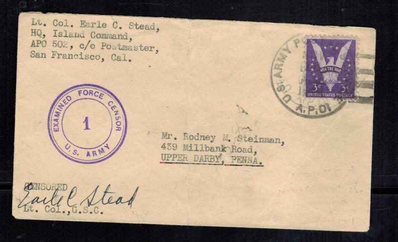 1942 USA APO 502 New Caledonia Army COver to Upper Darby PA LTC Earle Stead