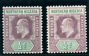 Northern Nigeria 1905 KEVII ½d in both listed shades MLH/MNH. SG 20, 20a.