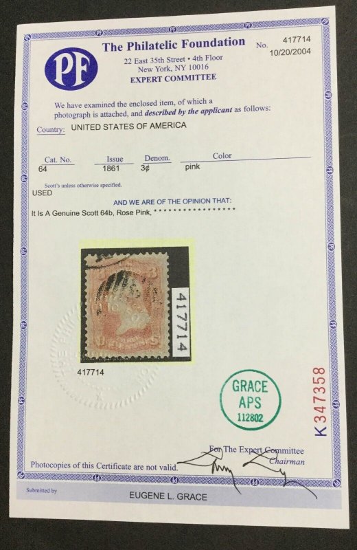 MOMEN: US STAMPS #64b ROSE PINK USED VF/XF PF CERT LOT #88925