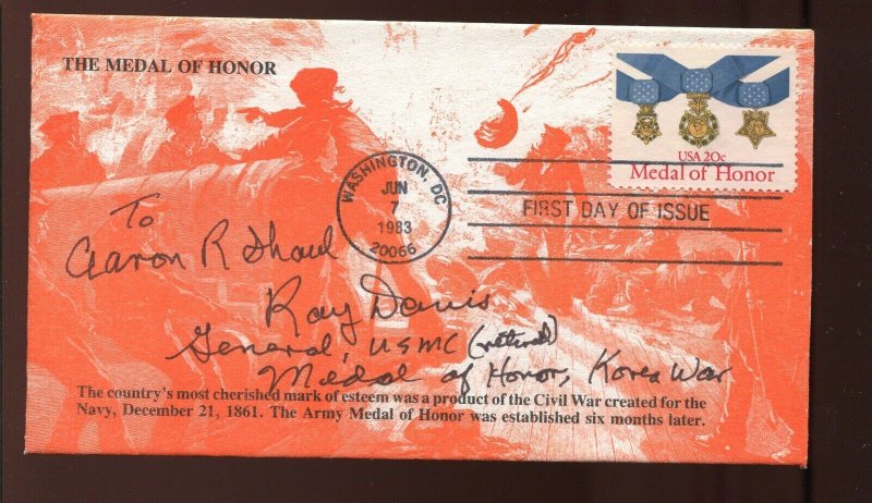 GENERAL RAY DAVIS MARINES MEDAL OF HONOR KOREA WAR SIGNED COVER LV3070