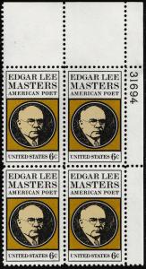 US 1405 Edgar Lee Masters 6c plate block 4 UR 31694 MNH 1970