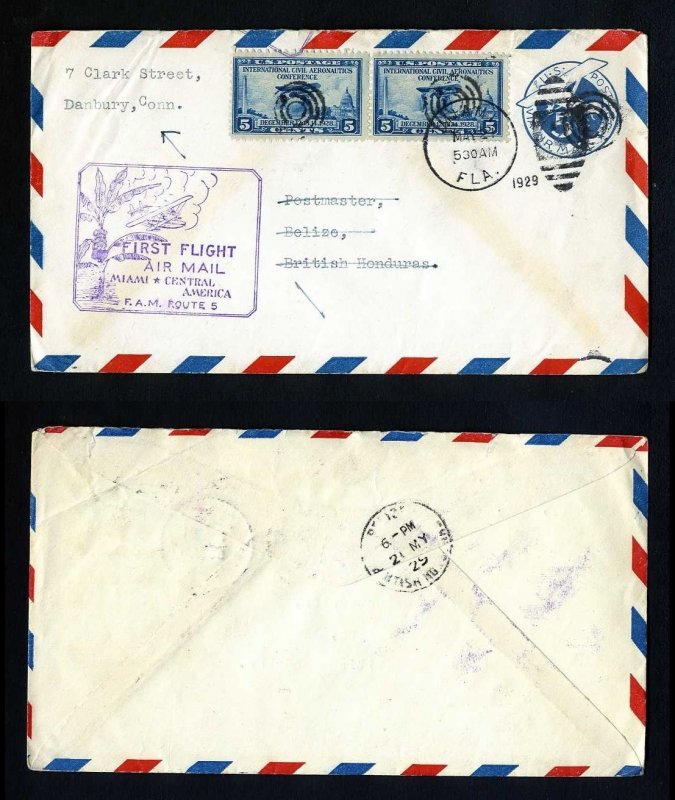 # 650 and # UC1 First Flight cover FAM 5, Miami, FL to Belize - 5-21-1929