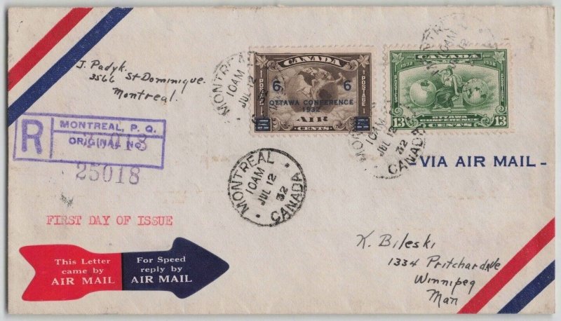 Canada 1932 6c Airmail & 13c Ottawa Conference Registered First Day Cover FDC