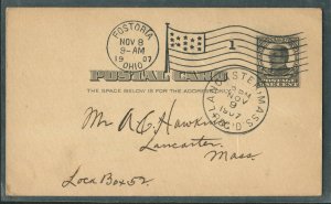 1907 US Postal Card McKinley 1c Fostoria OH to Lancaster MA Flag Cancel Poultry