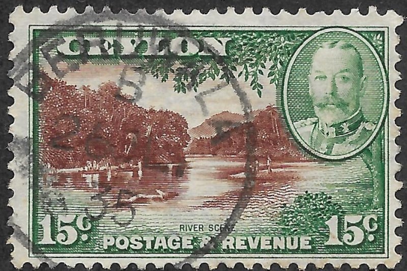 Ceylon 15c green & orange brown River Scene KGV issue of 1935, Scott 269 Used