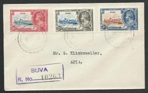 FIJI 1935 Jubilee 3 values on registered cover ex Suva to Samoa............61758