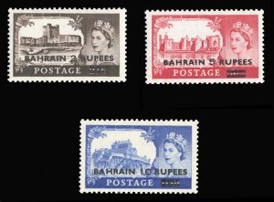 Bahrain #96-98 Cat$36.75, 1955 Surcharges, set of three, never hinged
