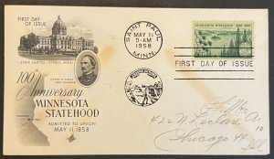 MINNESOTA STATEHOOD #1106 MAY 11 1958 ST PAUL MN FIRST DAY COVER (FDC) BX5