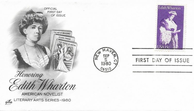 1980 FDC, #1832, 15c Edith Wharton, 2 different cachets