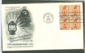 US 1612 1979 $5 Railroad lantern (highest value of the Americana series) block of four on an unaddressed first day cover with an