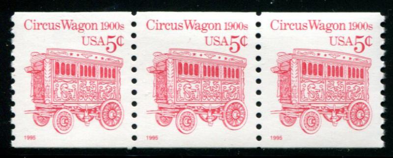 2452D US 5c Circus Wagon WAG coil, MNH strip/3