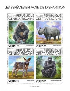 Central Africa - 2019 Endangered Species - 4 Stamp Sheet - CA191011a