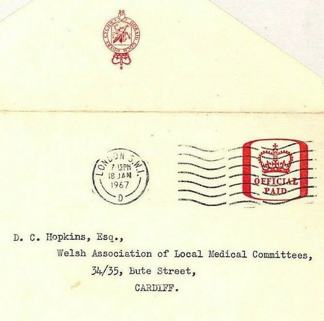 GB WALES Cover OFFICIAL PAID Red *Secretary State* Stationery 1967 Cardiff PP236 