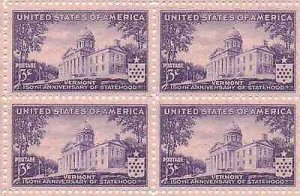 1941 Vermont Statehood, Block 4 3c Postage Stamps, Sc#903, MNH, OG