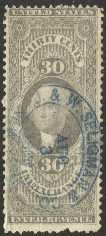 US 1862 Revenue, Sc R52c  30c Inland Exchange, Used, F-VF blue cancel