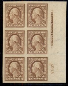 US #346, 4¢ orange brown, Plate No. Imprint block of 6, og, LH, XF