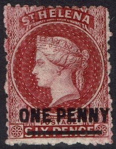 ST HELENA 1864 QV ONE PENNY ON 6D TYPE B WMK CROWN CC PERF 12½