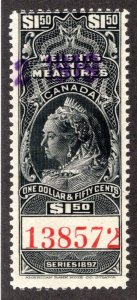 van Dam FWM43, $1.50 Black, Used, 1897 Victoria, red control #, Canada Weights