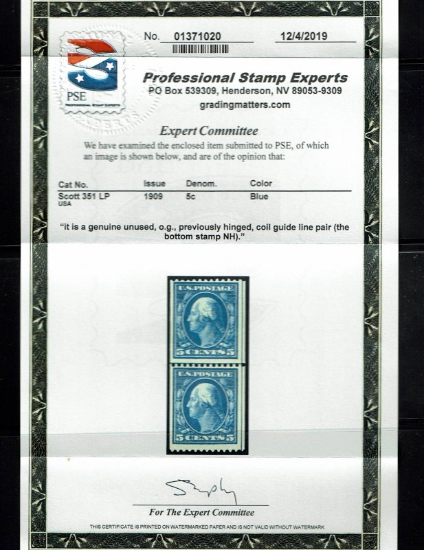 Scott #351 F/VF-OG-VLH. WIth PF and PSE certs. SCV - $1,075.00. A Showpiece