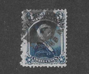 Newfoundland Sc #34  3c blue used with a cork cancel VF