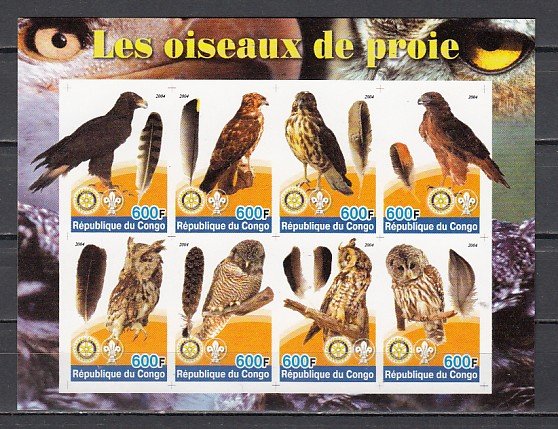 Congo Rep., 2003 Cinderella issue. Birds of Prey & Owls, IMPERF sheet of 8. ^