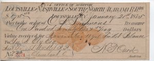 1875 Louisville, Nashville and South and North Alabama RR RN-D1 draft [6412.62]