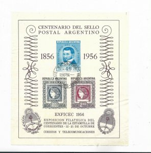 ARGENTINA  1956 STAMP CENTENARY SOUVENIR SHEET SPECIAL FIRST DAY CANCEL USED VF