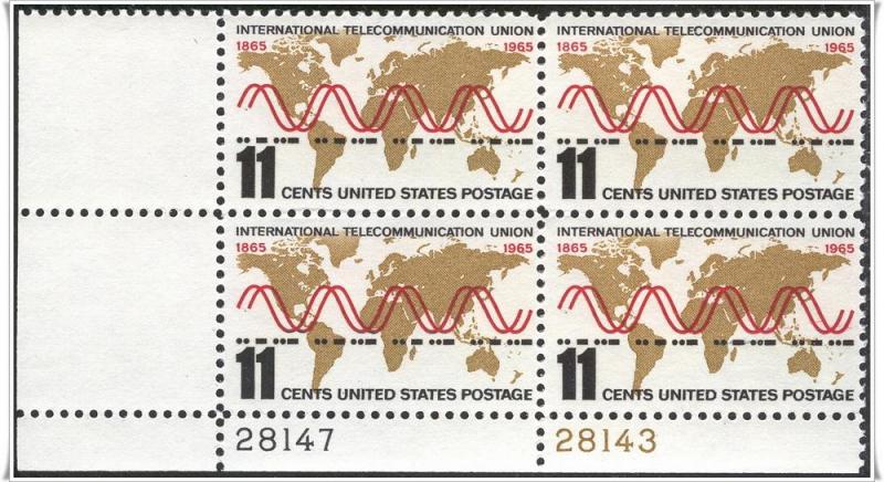 SC#1274 11¢ International Telecommunication Plate Block: LL #28147/28143 MNH