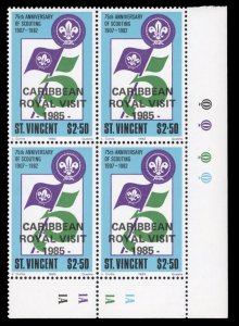 St. Vincent #893 Cat$34, 1985 $2.50 Royal Visit, corner margin block of four,...