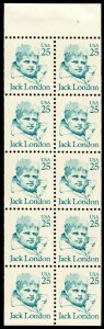 MALACK 2182a, 25c Jack London,  Booklet Pane bp2182a