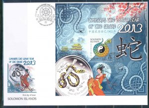 SOLOMON ISLANDS 2013  LUNAR NEW YEAR OF THE SNAKE  S/SHEET  FIRST DAY COVER