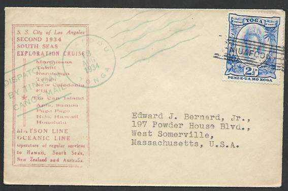 TONGA 1934 SS City of Los Angeles Exploration Cruise Tin Can Mail cover....83590