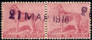 1912 Ireland Revenue 2 Shillings Dog (Irish Wolfhound) License Pair Used