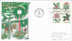 1964 FDC, #1257b, 5c Christmas, Cover Craft Cachets, block of 4