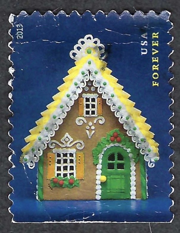 United States #4819 Forever (46¢) Gingerbread House (2013). Damaged. Used.