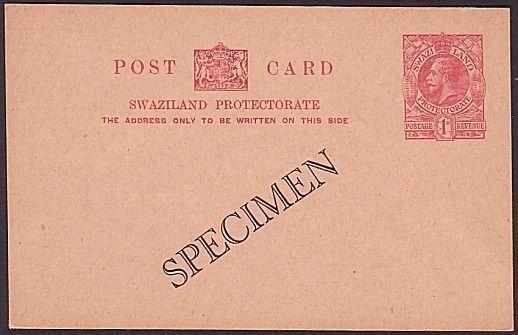 SWAZILAND GV 1d postcard overprinted SPECIMEN - fine & very scarce