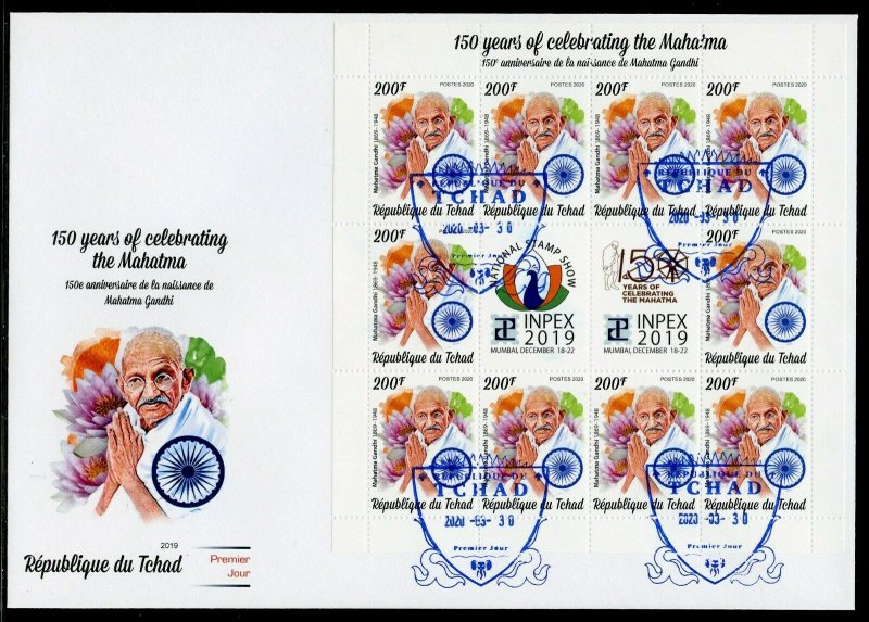 CHAD 2020 150 YEARS CELEBRATING THE MAHATMA SHEET (10) FIRST DAY COVER