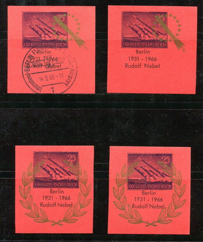 x509 - GERMANY 1966 Rocket Mail Lot of (4) Labels/Vignettes Rudolf Nebel Pioneer