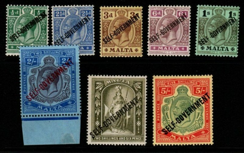 MALTA SG106/13 1922 SELF GOVERNMENT WMK CROWN CA SET MTD MINT