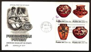 FIRST DAY COVER #1709a Pueblo Pottery 13c Blk 4 1706-1709 ARTCRAFT U/A FDC 1977
