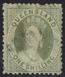 QUEENSLAND 1868 QV CHALON 1/- GREY WMK CROWN/TRUNCATED STAR PERF 13 USED