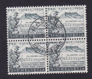 Switzerland  #B242 used 1954 Pro Patria view/opening bars of hymn 5c block of 4