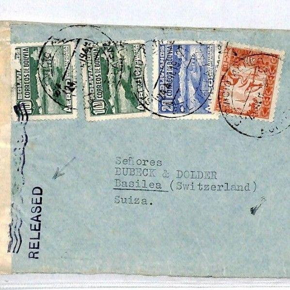 CQ29 WW2 INTERRUPTED MAIL Bolivia 1942 Cover Switzerland RELEASED Bermuda 1946